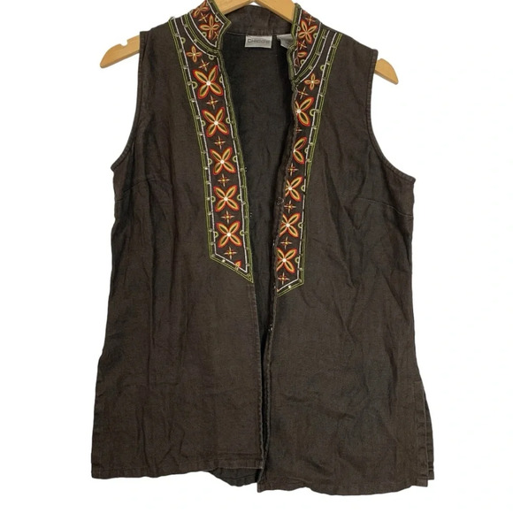 Chico’s 100% Linen Bohemian Sleeveless Blouse Vest Floral Embroidered Brown Sz 1 - Picture 3 of 8